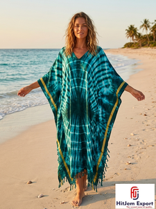 Vestido Kaftán Bohemio Tie Dye para Mujer, Holgado, Largo hasta el Tobillo, Manga Corta, para Playa, Verano, Chifón Viscosa, Cuello Redondo, OEM ODM - Product Image 4