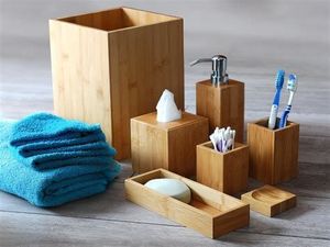 Decorative Wood <b>Bathroom</b> <b>Set</b> Including Liquid <b>Soap</b> <b>Dispenser</b> Toothbrush Holder Tumbler And Vanity Organizer - Product Image 1