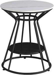 Modern <b>Round</b> Side <b>Table</b>, White Marble Look Plywood Top, <b>Black</b> Metal Frame with Lower Shelf, Living Room Bedroom End <b>Table</b> - Product Image 3