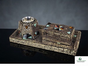 Ensemble brûleur d'encens artisanal en laiton et MDF, design mosaïque perlée, diffuseur d'aromathérapie écologique, style Moyen-Orient, utilisation toutes saisons - Product Image 1