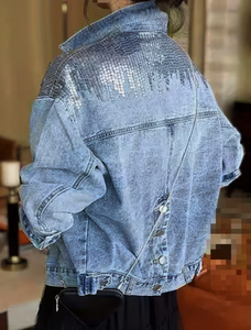 Hardihood International Light Wash Denim <b>Jacket</b> for Women Distressed Frayed Hem Rhinestone Floral Button Front Formal Breathable - Product Image 6