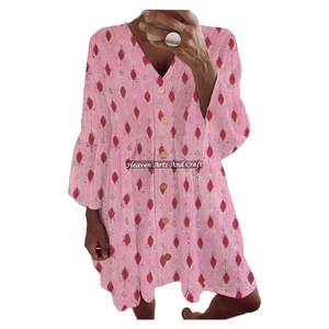 Robe d'été imprimée à la main en coton 100% pour femme, style décontracté, coupe courte - Product Image 5