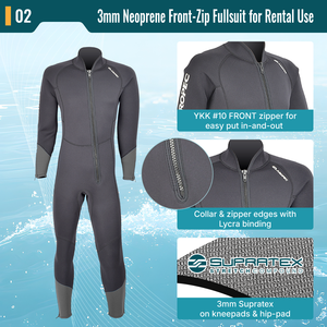 Combinaison de plongée professionnelle AROPEC en néoprène 3 mm à fermeture éclair frontale pour homme, combinaison de plongée durable avec genouillères Supratex pour la location, OEM - Product Image 3