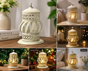 Decorative Metal Lantern <b>Lamp</b> Cream White Finish Intricate Lattice Design Crystal Knob Candle Holder & <b>Table</b> Decor - Product Image 2