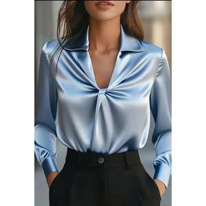 Blusa Elegante de Satén de Seda con Cuello en V y Drapeado, Top de Satén Azul Hielo de Manga Larga con Escote Cruzado, Camisa Profesional de Satén Brillante con Detalle Frontal Cruzado - Product Image 1