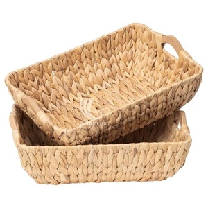 Water Hyacinth Woven <b>Basket</b> <b>Rectangular</b> Storage Tray with Wooden Handles Foldable Organizer for Bathroom Bedroom Living Room - Product Image 4