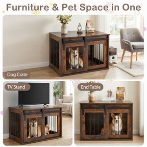 Rustic Brown 31.5\" Wooden Dog <b>Crate</b> Furniture with Sliding Barn Door Indoor Use Kennel End Table for Pets - Product Image 3