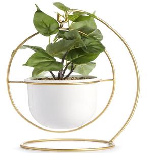 Pot de fleurs décoratif en céramique avec cadre en métal doré de luxe, pour table d'intérieur, support de plantes pour la décoration de la maison - Product Image 1