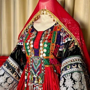 1960's Bohemian Tribal Vintage Afghan Kuchi Women <b>Dresses</b> with Pleated Tassel Button Embroidered Patchwork Full Sleeve <b>Loose</b> <b>Fit</b> - Product Image 2