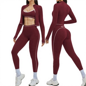 Women <b>Maroon</b> Yoga Set High Waist Leggings Racerback Sports Bra Sleeveless Jacket Contrast Binding Four-Way Stretch 5-Piece Front - Product Image 3