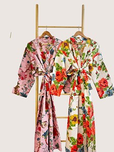 Bata Larga Estampada Floral para Mujer, Manga Tres Cuartos, Cuello Mandarín, Suave, Informal, para Primavera, Mezcla de Viscosa y Poliéster - Product Image 6