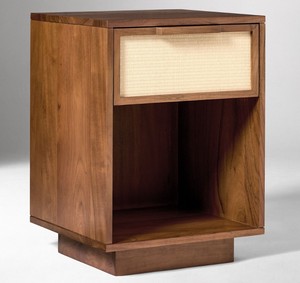 Modern Wood Nightstand With Rattan Weave Drawer <b>Storage</b> Midcentury Design Bedroom Furniture Single Drawer <b>Bedside</b> Table - Product Image 1