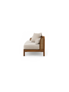 Canapé d'extérieur moderne en bois avec coussins beiges, trois places, design mid-century, mobilier de jardin, durable, résistant aux UV, structure en rotin - Product Image 4