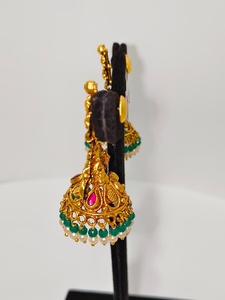 Antique 22k Solid Gold Drop Temple Jhumka <b>Earrings</b> Handcrafted Lakshmi Motif Wedding Jewelry with <b>Green</b> Emeralds Natural Pearls - Product Image 3