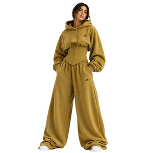 Ensemble de survêtement Y2K Automne Hiver Jaune Moutarde avec sweat à capuche court brodé et pantalon de survêtement en coton épais à jambe large avec taille corset personnalisée - Product Image 2