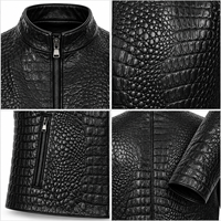 Veste en cuir véritable noir pour homme, texture croco gaufrée de qualité supérieure, col montant, fermeture éclair intégrale, coupe slim, style motard, vêtement d'extérieur tendance