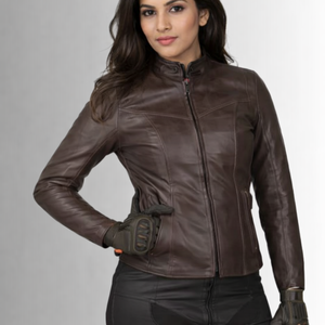Veste de moto pour femme marron zippée, coupe ajustée, col montant, style motard - Product Image 1