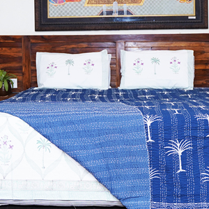 Blue Kantha Quilt Blanket-Handmade Reversible Embroidered 100% Cotton All-Season Hotel Use <b>Bedspread</b> - Product Image 4