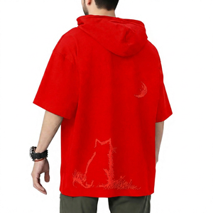 เสื้อยืดโอเวอร์ไซส์มีฮู้ดสีดำสำหรับผู้ชายพร้อมลายพิมพ์แมวและดวงจันทร์แขนสั้นเสื้อผ้าฝ้ายลำลอง - Product Image 4
