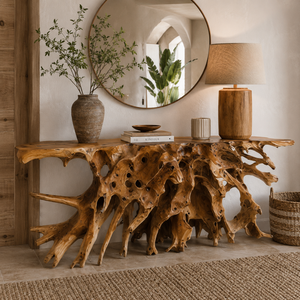 Table console ARTERRA en bois massif de teck rustique, écologique, faite à la main, bord naturel, moderne, organique, durable, facile à nettoyer - Product Image 4