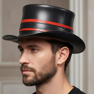 Sombrero de copa de cuero negro con franja roja, accesorio de disfraz formal para hombre, talla adulta 56-58 cm - Product Image 3