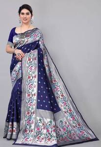 Sari de seda azul real con bordado floral y borde plateado, traje tradicional indio para bodas, para mujeres - Product Image 1