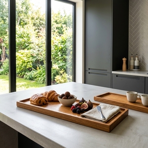 Ensemble d'ustensiles de cuisine en bois de teck massif de qualité alimentaire, plateau à bords naturels, plat en bois artisanal, plateau de service long naturel artisanal balinais - Product Image 4