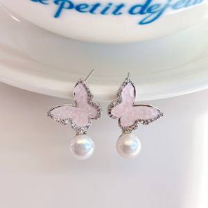High-End Blue Pink <b>Butterfly</b> Earrings with Natural Pearl Versatile Colorful Dangle Style for Retail and Wholesale - Product Image 2