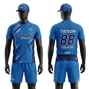 เสื้อสควอชแบบซับลิเมชั่นสั่งทำพิเศษ 180 GSM ผ้าโพลีเอสเตอร์อินเตอร์ล็อค สีน้ำเงินกรมท่า แถบข้างสำหรับทีม พร้อมโลโก้แบบรีดร้อน - Product Image 1