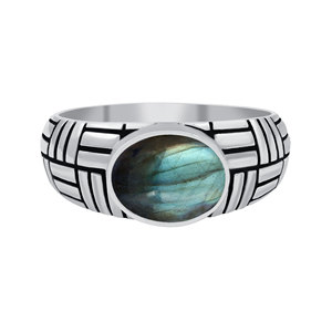 Bague en argent sterling 925 avec labradorite naturelle, cabochon rond bleu, sertissage clos, bijou fantaisie en argent pour soirée - Product Image 2