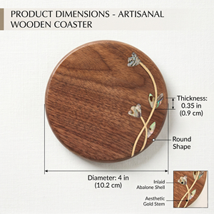 Wooden Coaster With Mother Of Pearl Inlay Round Solid <b>Walnut</b> Drink Mat Floral Metal Art <b>Coffee</b> Cup Pad Elegant <b>Table</b> Decoration - Product Image 2