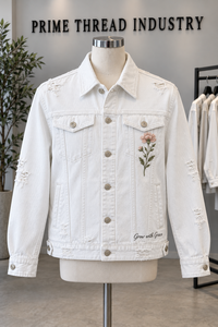 Veste en jean blanche personnalisée, effet usé, avec broderie florale, fermeture à boutons et poches latérales, veste en jean unisexe - Product Image 6