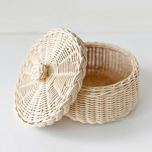Panier de rangement rond en rotin naturel tissé à la main avec couvercle, boîte de rangement en osier, organisateur fait main pour jouets de chambre d'enfant, décoration intérieure - Product Image 2