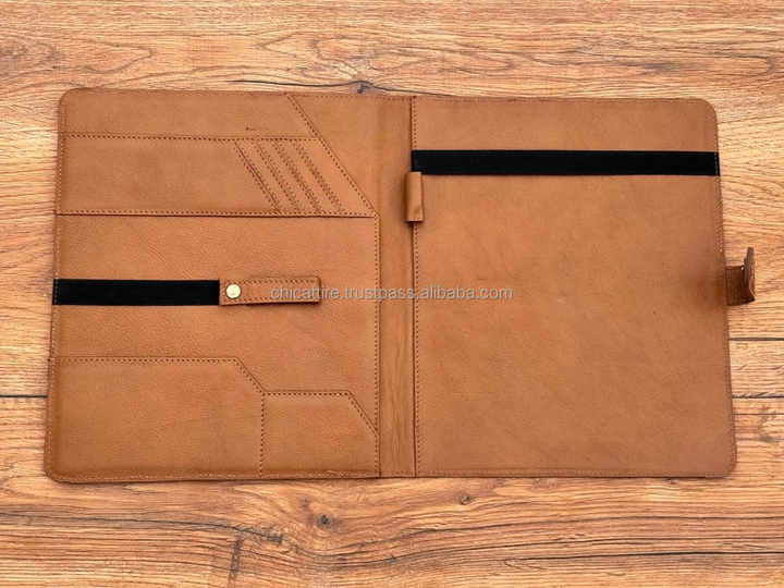 Hot Selling High Quality Soft Leather A4/A5 Binder Zipper Closure File Cover Portfolio Organizer with Tooling Pockets School Use
