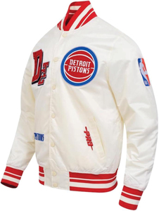 Detroit Pistons Unisex White Coated Varsity Jacket with Embroidered Logo on Front and <b>Red</b> Trim Reversible & Breathable - Product Image 1