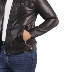 Men's Black PU Leather <b>Jacket</b> <b>Slim</b> <b>Fit</b> Stand Collar Moto Biker Style Zipper Closure Autumn Wear Regular Sleeve Solid Color - Product Image 3