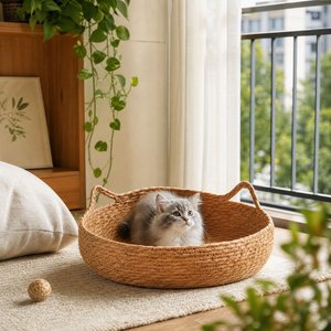 Panier-lit pour animaux de compagnie en jonc de mer rond et tressé, avec oreilles décoratives, en paille naturelle, écologique, pour chat et petit chien, ensemble coussin de repos - Product Image 4