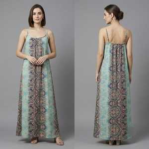 Women's Boho Floral Printed Silk Viscose Polyester Woven Loose Silhouette Floor-Length <b>Dress</b> Spaghetti Strap Regular Fit Casual - Product Image 2