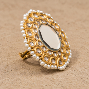 Gold Plated Round Mirror <b>Statement</b> <b>Ring</b> with Kundan Style Detail and Faux Pearl Border Wedding Jewelry Wholesale Bulk Supply - Product Image 5