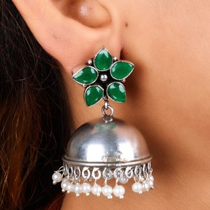 Green Stone <b>Oxidized</b> Silver Jhumka Earrings for Women Bollywood Traditional Pearl Drop Earrings Wholesale Indian Ethnic Jewelry - Product Image 2