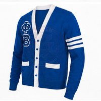 Cardigan bleu en tricot à col en V avec lettres grecques Phi Beta, style preppy pour femmes, pull à manches longues avec poches