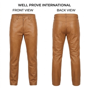 <b>Men's</b> Genuine <b>Leather</b> Pants Custom Embossed Logo Horizontal Knee Panel Quick Dry Breathable Anti-Wrinkle High Waist <b>Trousers</b> - Product Image 1