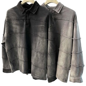 เสื้อโปโลผู้ชายทรงโอเวอร์ไซส์ ผ้าวอช แต่งแผ่นผ้าต่อกัน แขนยาว สีพื้น สไตล์ลำลอง ตะเข็บแนวนอนแบบดีคอนสตรัคชั่น ขอบเสื้อแบบรุ่ย คอปกต่ำ - Product Image 4