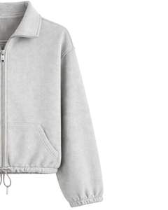 Sudadera corta de forro polar gris claro con cremallera completa para mujer, cuello polo, bolsillos delanteros, dobladillo con cordón ajustable, estilo casual y cálido para la calle - Product Image 3