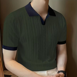 Camiseta de Punto Jacquard Texturizado para Hombre, Cuello en Contraste, Manga Corta, Informal, Transpirable, Suave, Ligera, Ecológica, para Verano - Product Image 1