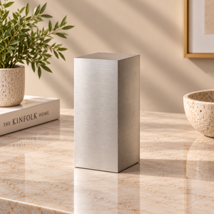 Urna Rectangular Alta de Metal Plateado para Cenizas, Contenedor Conmemorativo con Diseño Minimalista y Tapa Cerrada para Recuerdo Funerario - Product Image 1