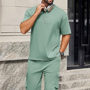 Ensemble chemise et short pour homme, 2 pièces, tenue de sport estivale tendance, t-shirts en coton surdimensionnés, shorts cargo, tenues légères - Product Image 4