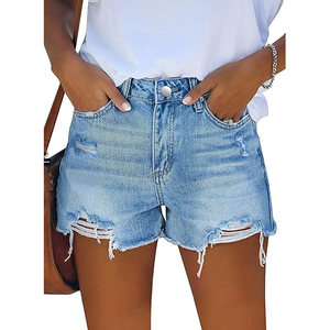 Pantalones cortos de mezclilla de cintura alta rasgados con dobladillo deshilachado, lavado azul claro, estilo casual desgastado, cierre de botones, en tendencia - Product Image 1
