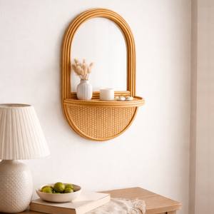 Espejo de pared bohemio de ratán con estante para pasillo, baño y decoración de oficina en casa, espejos de ratán vintage de Vietnam - Product Image 5