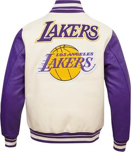 Blouson bomber 100 % respirant des Lakers de Los Angeles, brodé, crème et violet, avec manches en cuir et bordure contrastante, pour adulte, sport, séchage rapide - Product Image 2